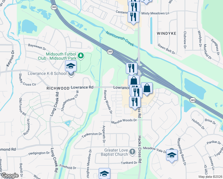 map of restaurants, bars, coffee shops, grocery stores, and more near 7900 Lowrance Road in Memphis