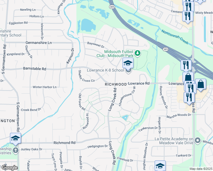 map of restaurants, bars, coffee shops, grocery stores, and more near 7634 Ironwood Cove in Memphis