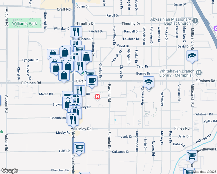 map of restaurants, bars, coffee shops, grocery stores, and more near 1327 East Raines Road in Memphis