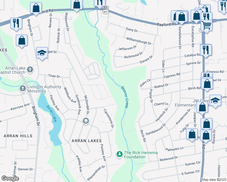 map of restaurants, bars, coffee shops, grocery stores, and more near 5806 Aftonshire Drive in Fayetteville