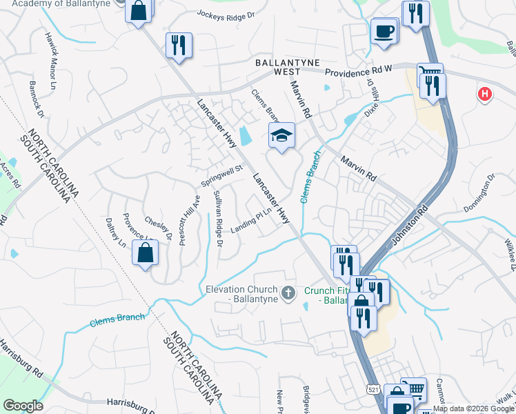 map of restaurants, bars, coffee shops, grocery stores, and more near 15655 Greythorne Drive in Charlotte