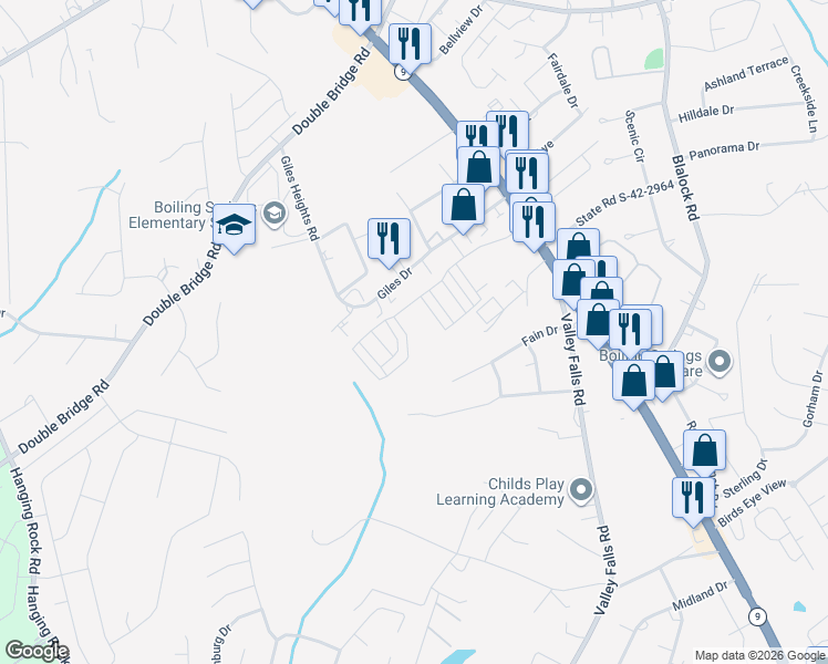 map of restaurants, bars, coffee shops, grocery stores, and more near 253 Giles Drive in Boiling Springs