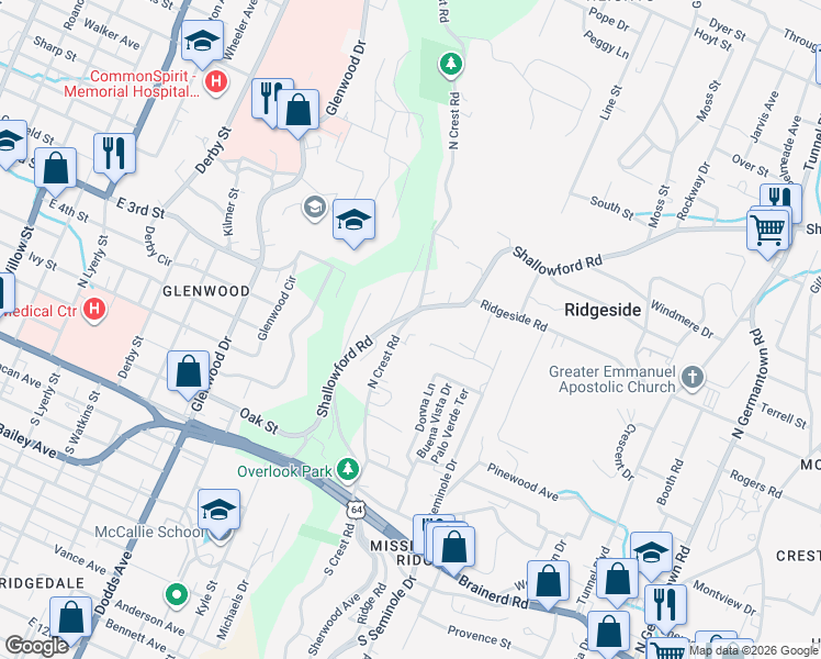 map of restaurants, bars, coffee shops, grocery stores, and more near 309 Mission Crest Lane in Chattanooga