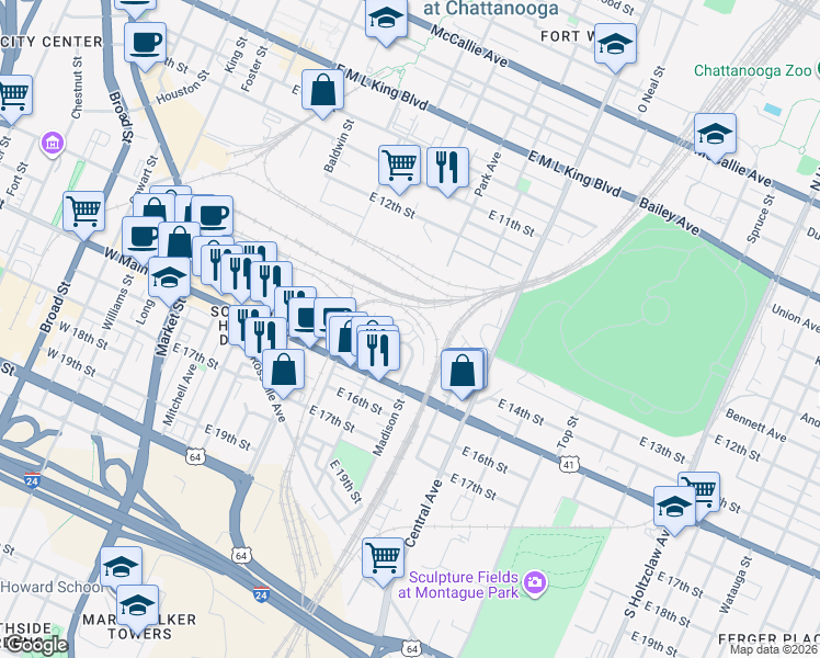 map of restaurants, bars, coffee shops, grocery stores, and more near 1367 Jefferson Street in Chattanooga
