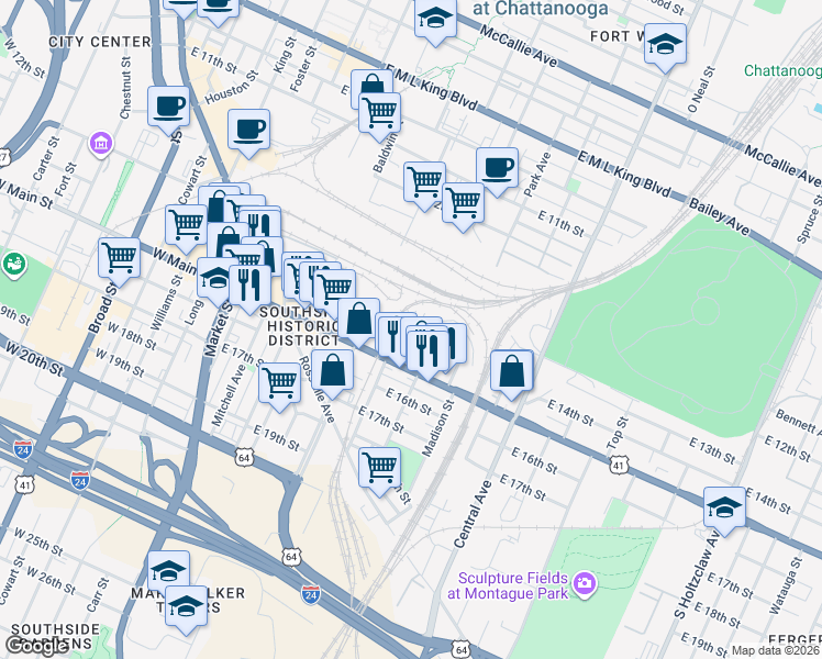 map of restaurants, bars, coffee shops, grocery stores, and more near 1383 Adams Street in Chattanooga