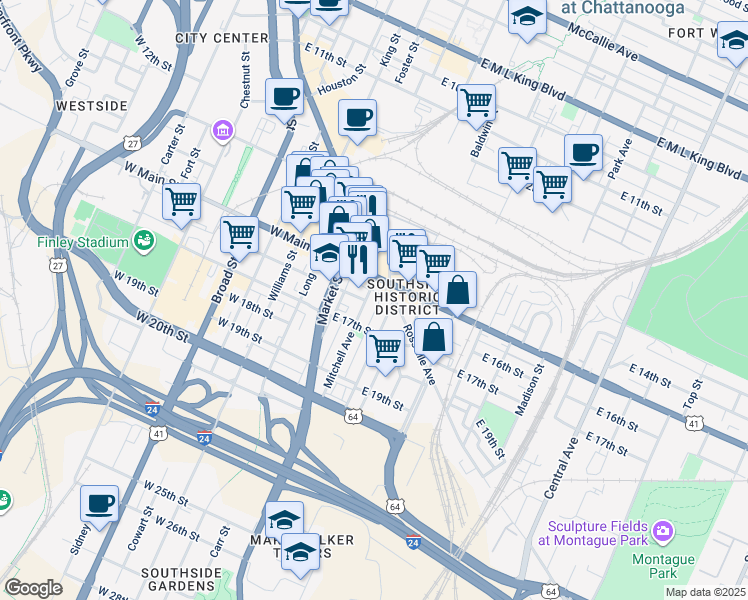map of restaurants, bars, coffee shops, grocery stores, and more near 32 East Main Street in Chattanooga