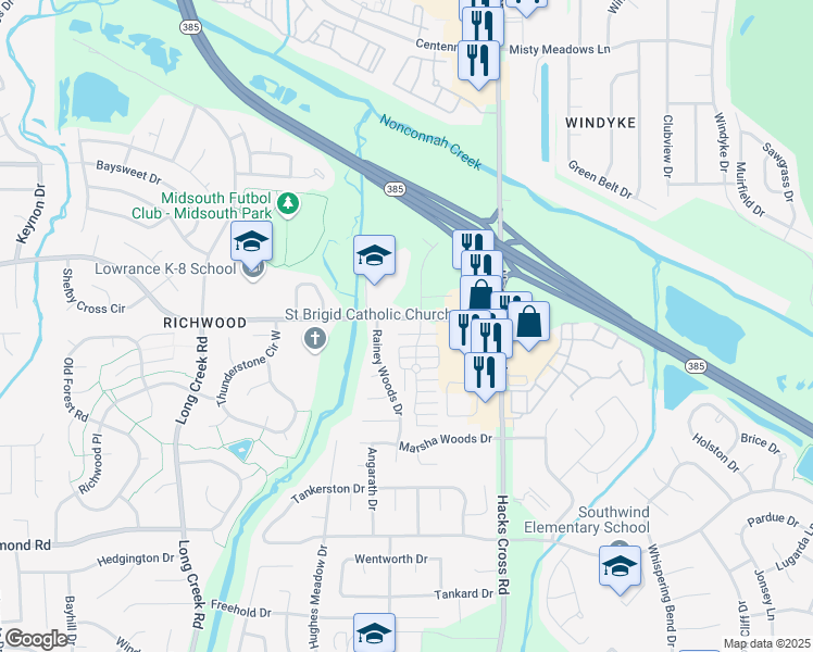 map of restaurants, bars, coffee shops, grocery stores, and more near 7931 Lowrance Road in Memphis