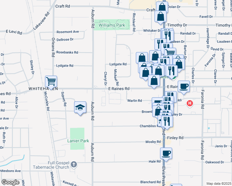 map of restaurants, bars, coffee shops, grocery stores, and more near 984 East Raines Road in Memphis