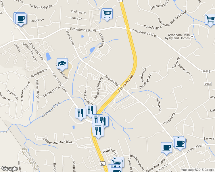 map of restaurants, bars, coffee shops, grocery stores, and more near 15740 Castle Watch Avenue in Charlotte