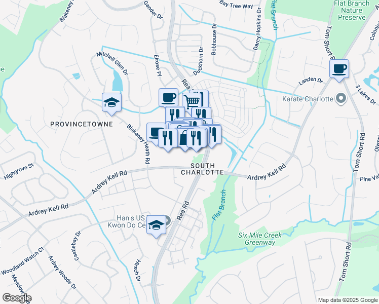 map of restaurants, bars, coffee shops, grocery stores, and more near 9870 Rea Road in Charlotte
