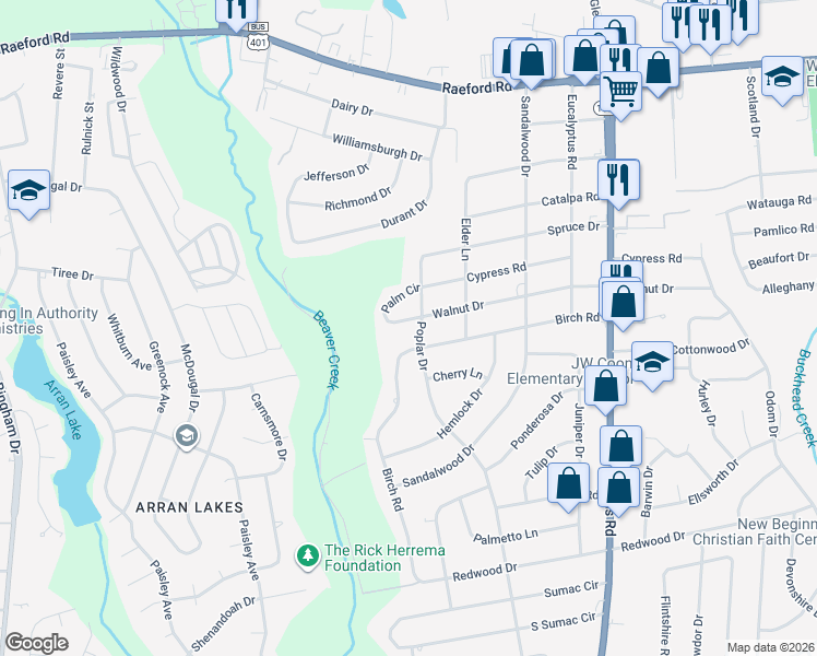 map of restaurants, bars, coffee shops, grocery stores, and more near 5403 Palm Circle in Fayetteville