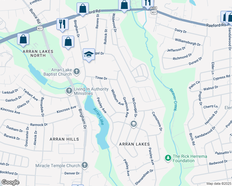 map of restaurants, bars, coffee shops, grocery stores, and more near 1427 Whitburn Avenue in Fayetteville