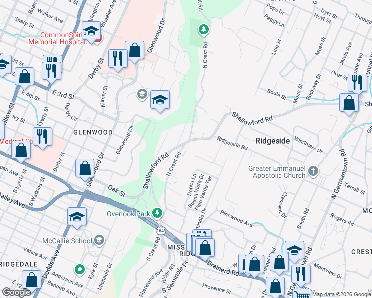 map of restaurants, bars, coffee shops, grocery stores, and more near 309 Mission Crest Lane in Chattanooga