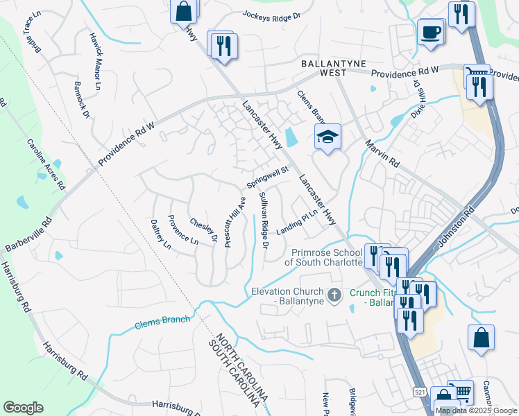 map of restaurants, bars, coffee shops, grocery stores, and more near 15536 Sullivan Ridge Drive in Charlotte