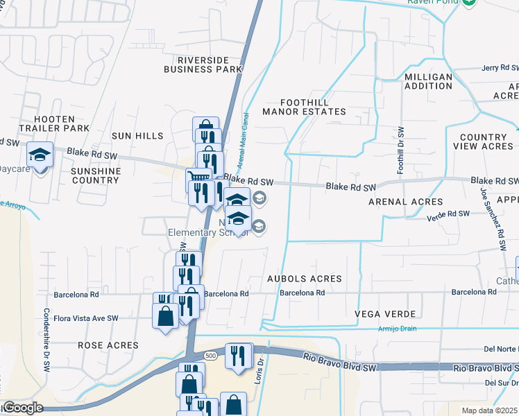 map of restaurants, bars, coffee shops, grocery stores, and more near 3426 Blake Road Southwest in Albuquerque