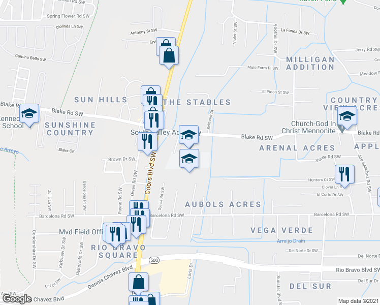 map of restaurants, bars, coffee shops, grocery stores, and more near 3426 Blake Road Southwest in Albuquerque