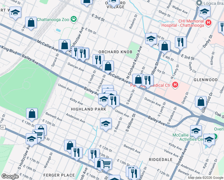 map of restaurants, bars, coffee shops, grocery stores, and more near 1800 Duncan Avenue in Chattanooga