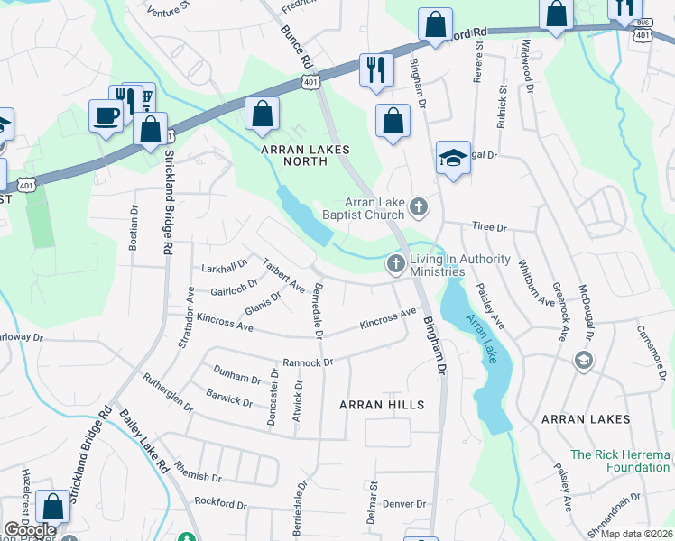 map of restaurants, bars, coffee shops, grocery stores, and more near 6406 Hidden Lake Loop in Fayetteville