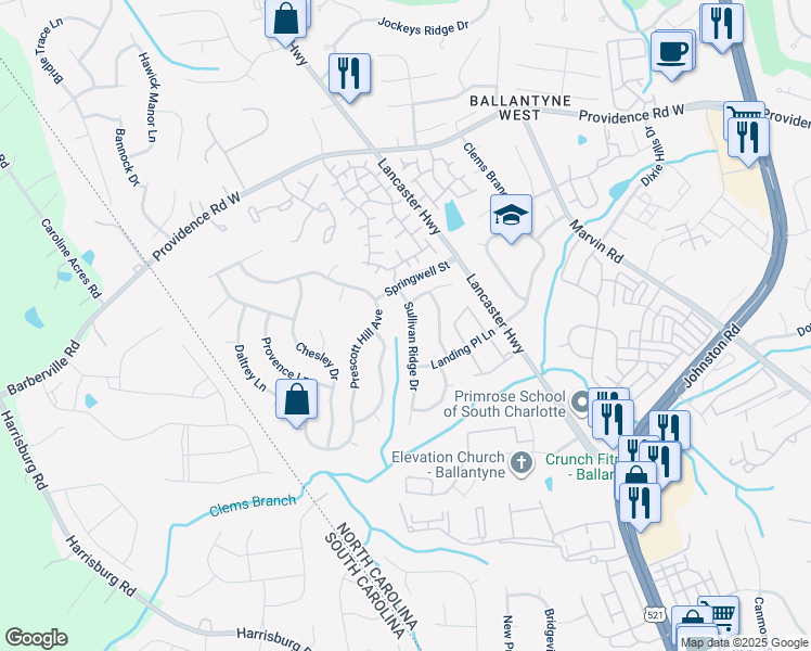 map of restaurants, bars, coffee shops, grocery stores, and more near 15536 Sullivan Ridge Drive in Charlotte