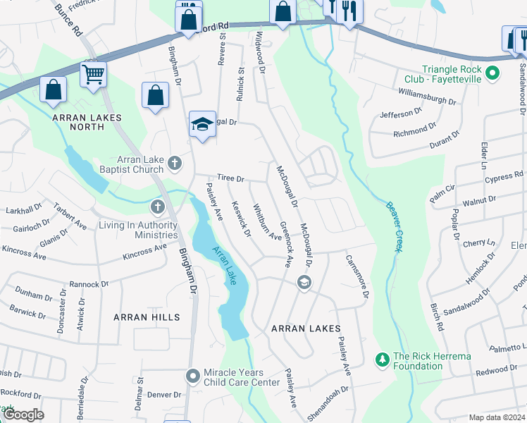 map of restaurants, bars, coffee shops, grocery stores, and more near 1427 Whitburn Avenue in Fayetteville