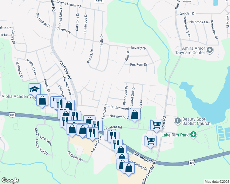 map of restaurants, bars, coffee shops, grocery stores, and more near 7827 Rosewood Avenue in Fayetteville