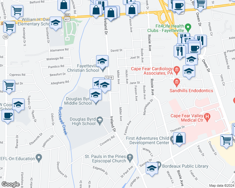 map of restaurants, bars, coffee shops, grocery stores, and more near 902 Miller Avenue in Fayetteville