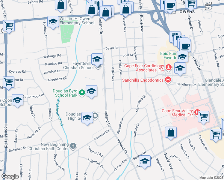 map of restaurants, bars, coffee shops, grocery stores, and more near 1579 Ireland Drive in Fayetteville