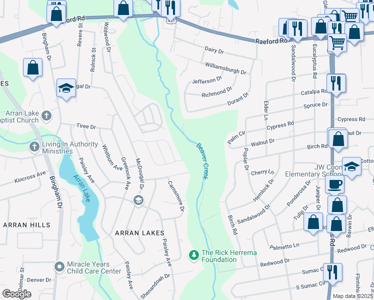 map of restaurants, bars, coffee shops, grocery stores, and more near 5806 Aftonshire Drive in Fayetteville