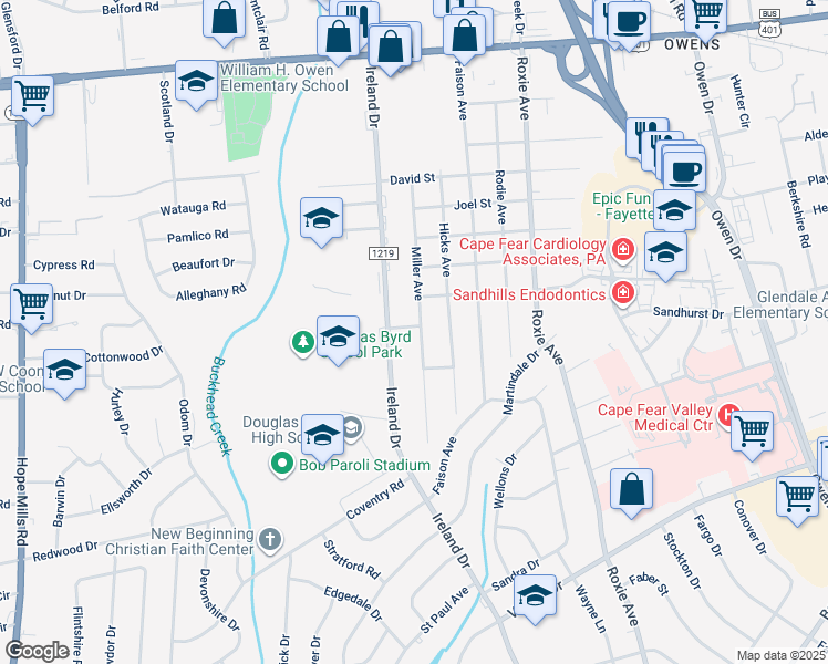 map of restaurants, bars, coffee shops, grocery stores, and more near 1575 Ireland Drive in Fayetteville