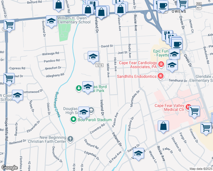 map of restaurants, bars, coffee shops, grocery stores, and more near 1575 Ireland Drive in Fayetteville