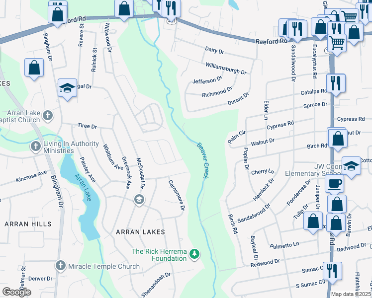 map of restaurants, bars, coffee shops, grocery stores, and more near 5806 Aftonshire Drive in Fayetteville