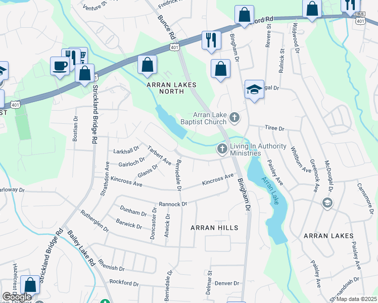 map of restaurants, bars, coffee shops, grocery stores, and more near 6406 Hidden Lake Loop in Fayetteville