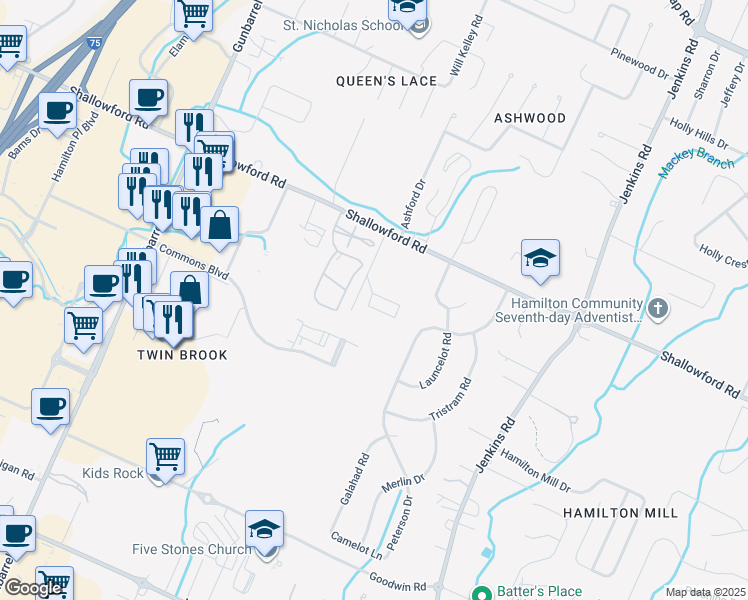 map of restaurants, bars, coffee shops, grocery stores, and more near 1222 Pembrook Lane in Chattanooga