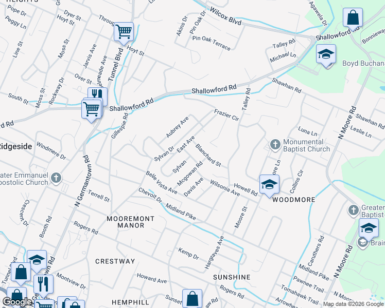 map of restaurants, bars, coffee shops, grocery stores, and more near 3902 Blanchard Street in Chattanooga