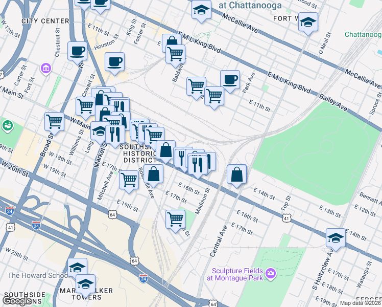 map of restaurants, bars, coffee shops, grocery stores, and more near 1383 Adams Street in Chattanooga