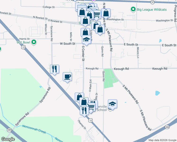 map of restaurants, bars, coffee shops, grocery stores, and more near 145 Keough Road in Collierville