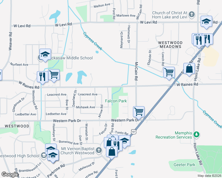 map of restaurants, bars, coffee shops, grocery stores, and more near 54 Falcon Drive in Memphis