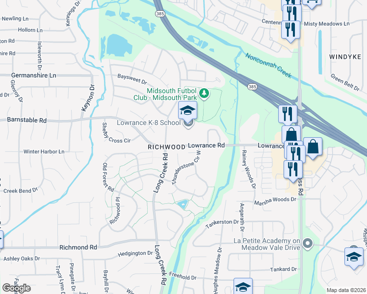 map of restaurants, bars, coffee shops, grocery stores, and more near 7739 Lowrance Road in Memphis
