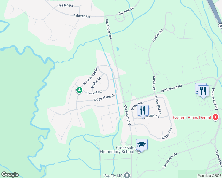 map of restaurants, bars, coffee shops, grocery stores, and more near 2909 Tesie Trail in New Bern