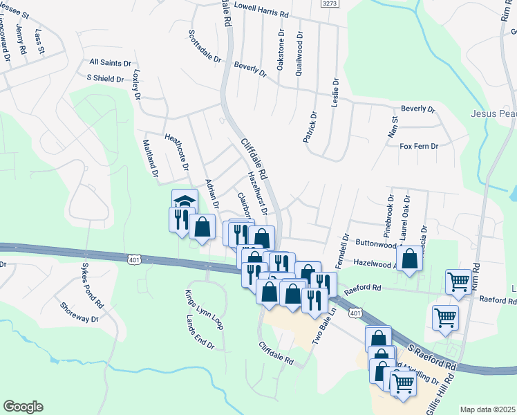 map of restaurants, bars, coffee shops, grocery stores, and more near 1666 Hazelhurst Drive in Fayetteville