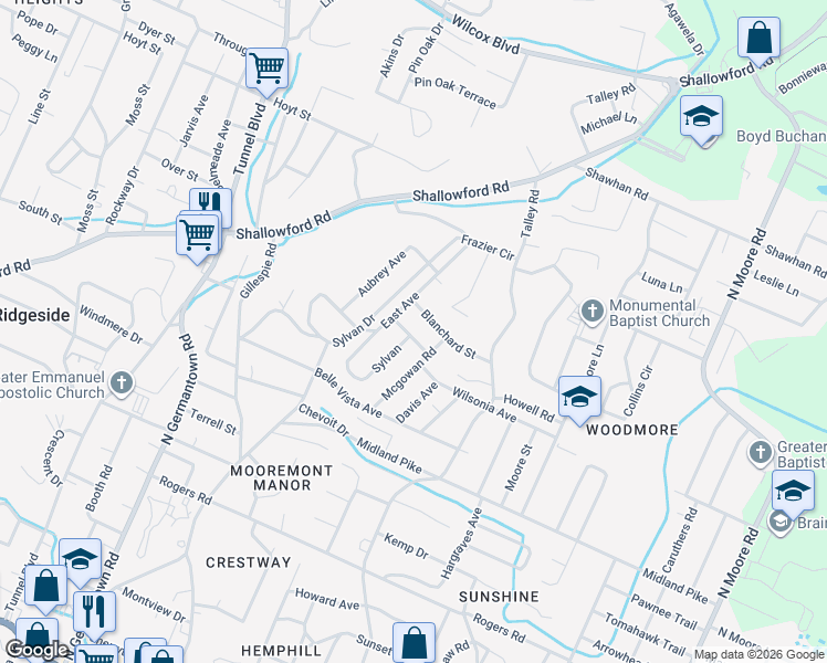 map of restaurants, bars, coffee shops, grocery stores, and more near 3902 Blanchard Street in Chattanooga