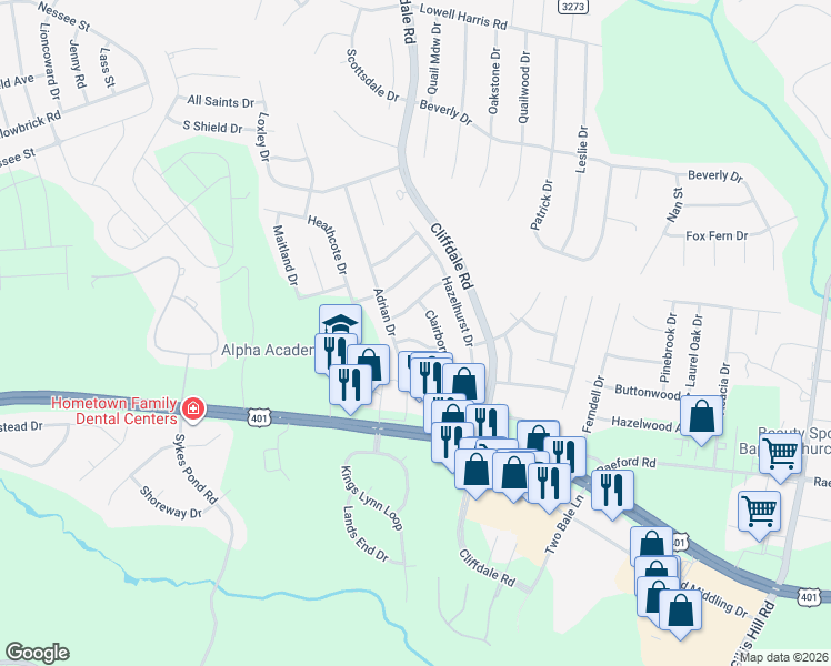 map of restaurants, bars, coffee shops, grocery stores, and more near 1664 Clairborne Drive in Fayetteville