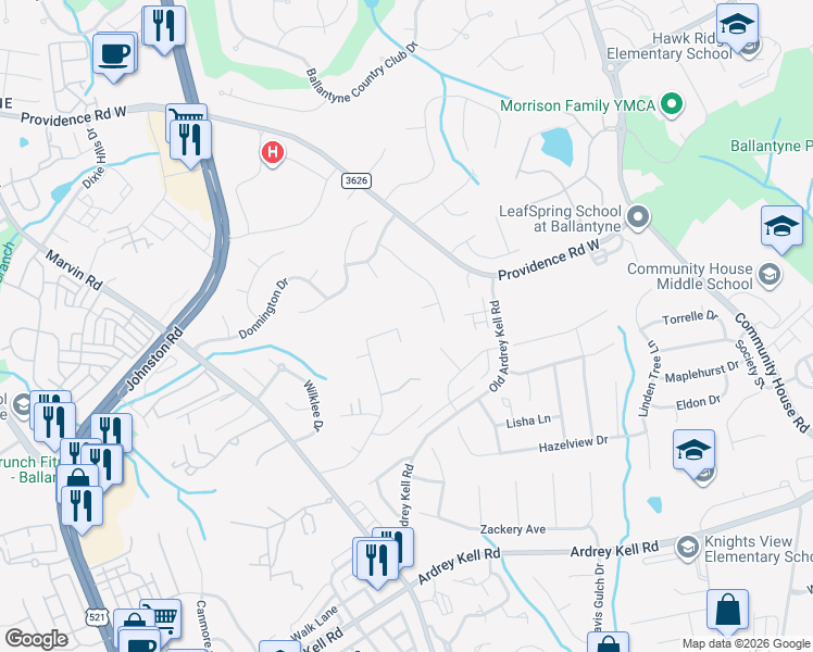 map of restaurants, bars, coffee shops, grocery stores, and more near 15516 Leazer Court in Charlotte