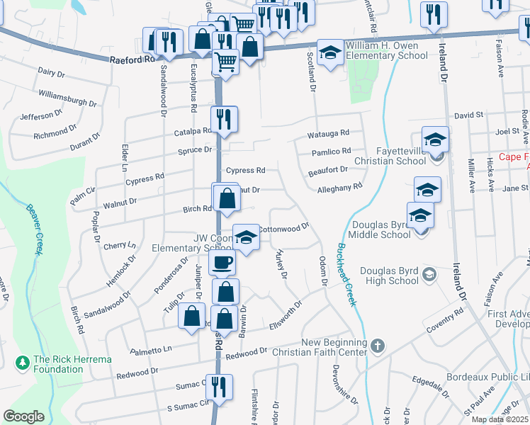 map of restaurants, bars, coffee shops, grocery stores, and more near 734 Tupelo Circle in Fayetteville