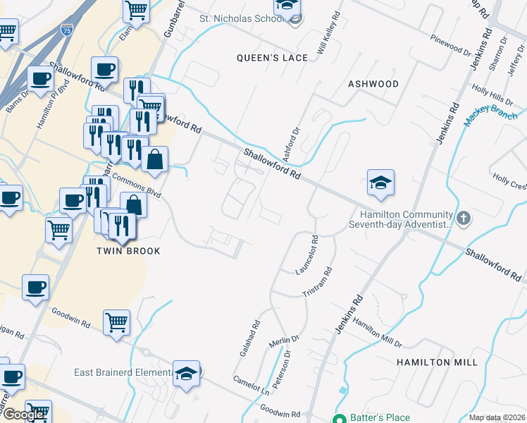 map of restaurants, bars, coffee shops, grocery stores, and more near 1222 Pembrook Lane in Chattanooga