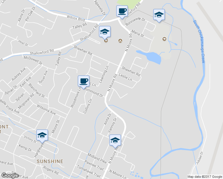 map of restaurants, bars, coffee shops, grocery stores, and more near 1502 Eucalyptus Drive in Chattanooga