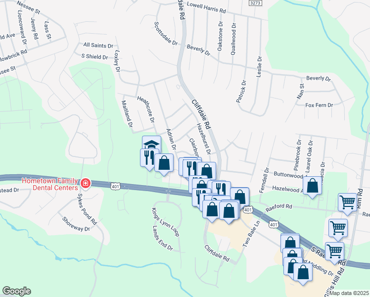 map of restaurants, bars, coffee shops, grocery stores, and more near 7891 Uriah Drive in Fayetteville