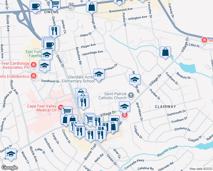 map of restaurants, bars, coffee shops, grocery stores, and more near 2915 Skycrest Drive in Fayetteville