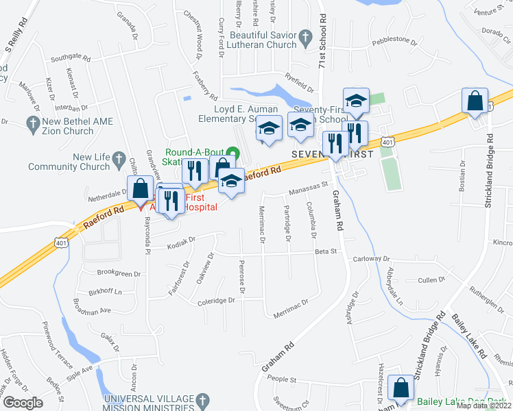 map of restaurants, bars, coffee shops, grocery stores, and more near 1910 Merrimac Drive in Fayetteville