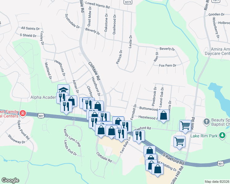 map of restaurants, bars, coffee shops, grocery stores, and more near 1528 Heartland Drive in Fayetteville